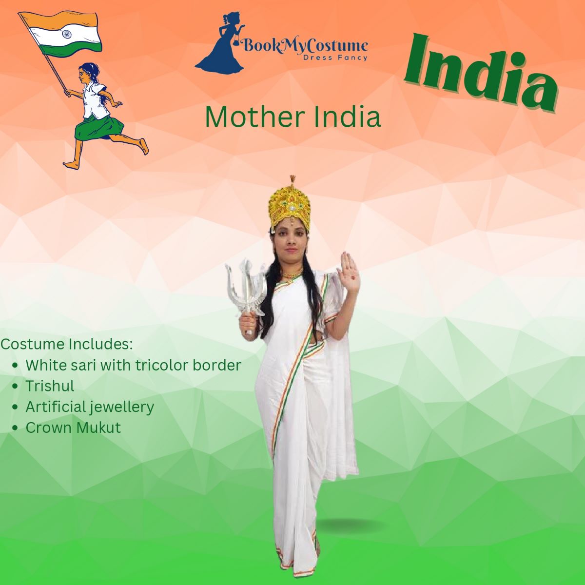 Mother India Bharat Mata Saree For Patriotic Independence Day Kids Fancy Dress  Costume 6 Pc Set at Rs 629.00 | kids Fancy Dress | ID: 26060699548