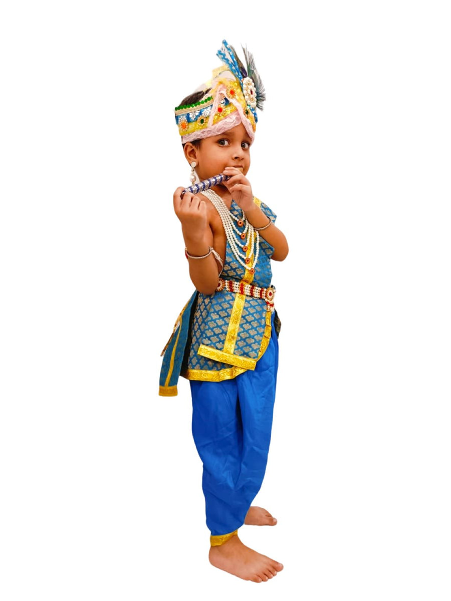 BookMyCostume Krishna Costume with Heavy Jewellery and Pagdi and Brocade - Janmashtami Complete Premium Dress for Baby Kanha Boys & Girls - Light Blue