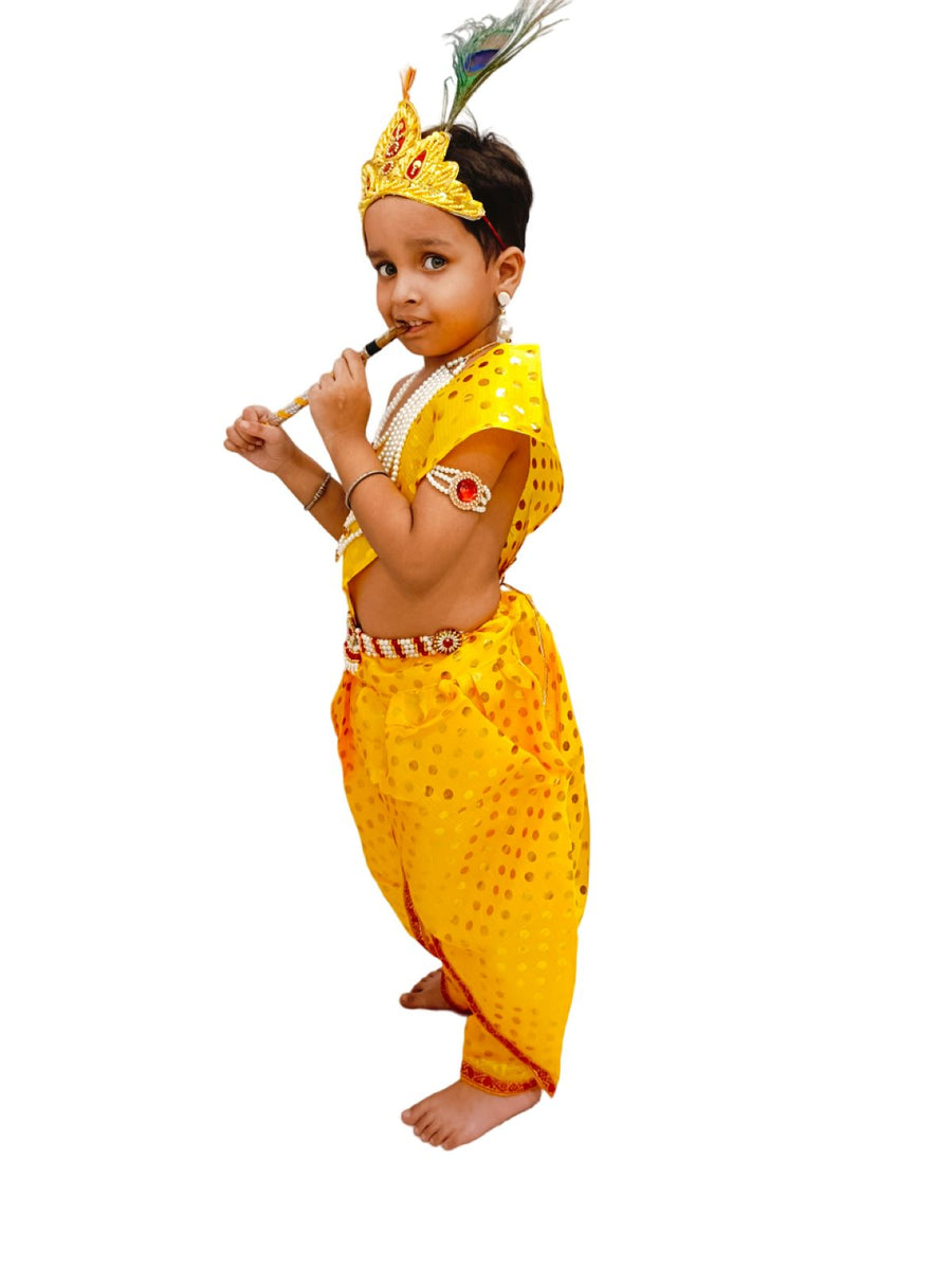 BookMyCostume Krishna Yellow Polka Dot Costume Dhoti Patka with Heavy Pearl Jewellery and Mukut Set - Janmashtami Dress Costume for Baby Kanha - Boys & Girls