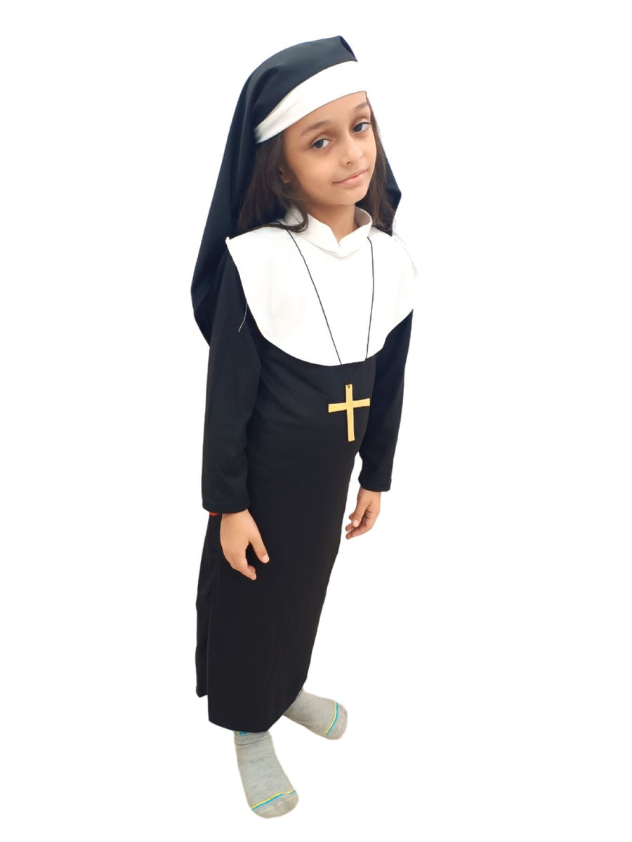 BookMyCostume Nun Costume Religious Catholic Sister Halloween Costume Black and White Nun Dress with Collar Hood Church Cross Necklace for Girls Kids